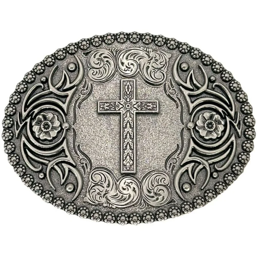 Etched Cross Silver Tone Oval Western Belt Buckle NWT